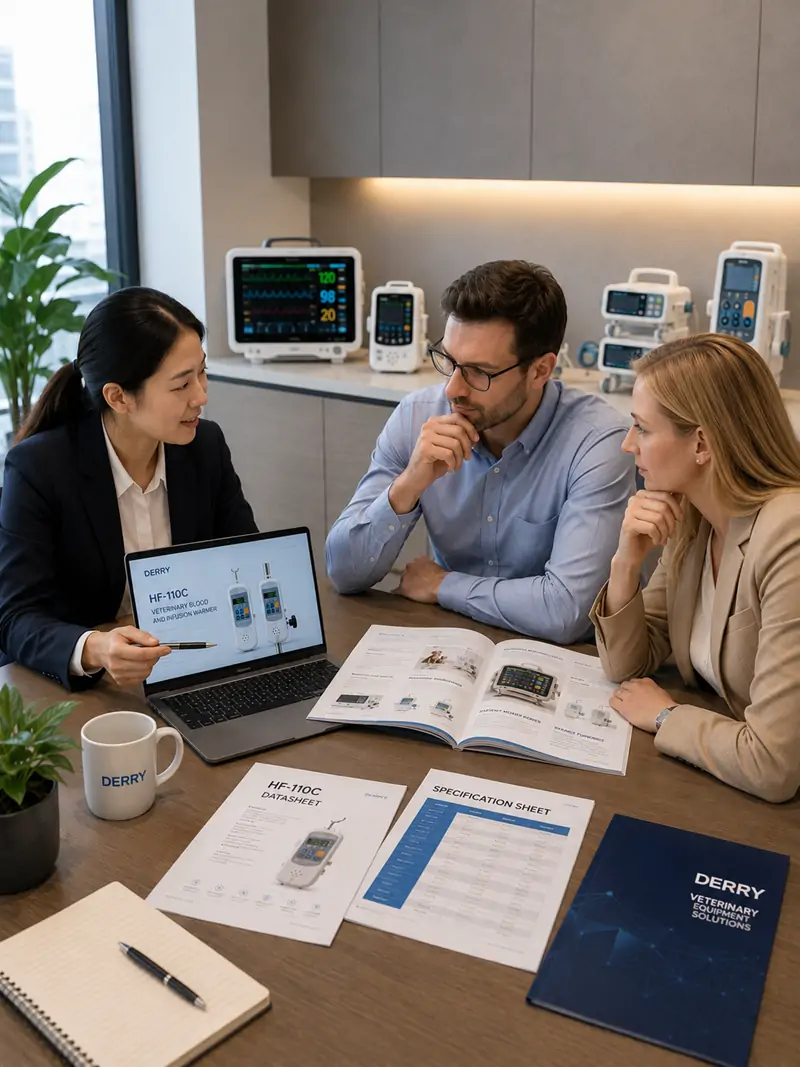DERRY product manager communicating with overseas veterinary equipment distributors in a modern meeting area
