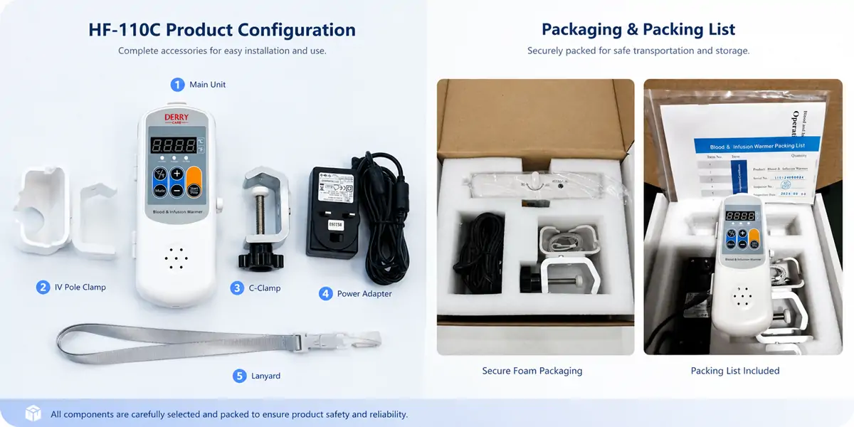 Flat lay of HF-110C Veterinary Blood and Infusion Warmer with all standard accessories