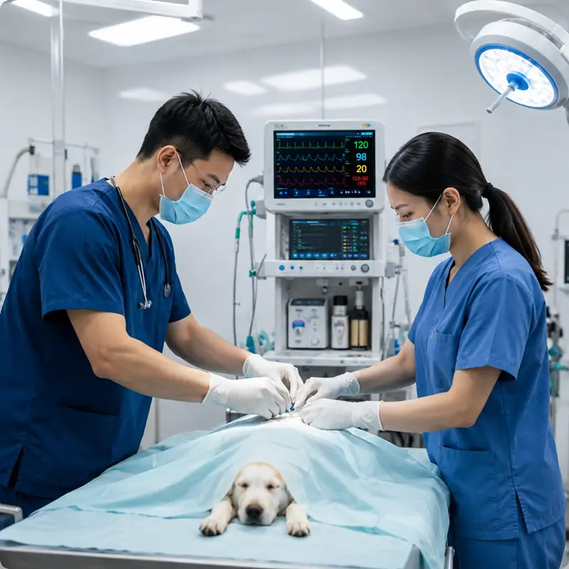 Veterinarian using equipment in hospital