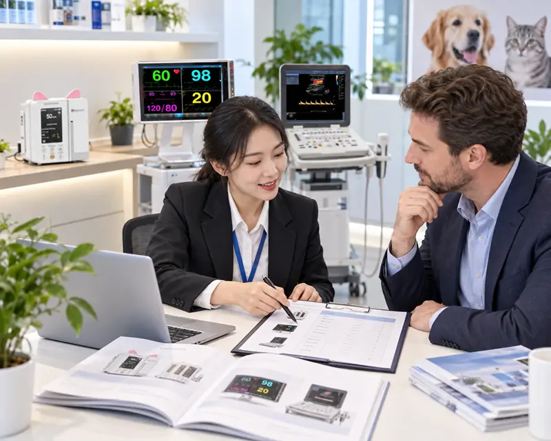 Professional business discussion for veterinary equipment procurement