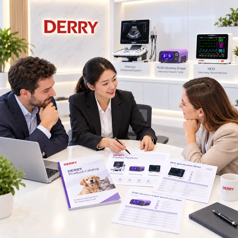 DERRY support team discussing technical documentation with distributor